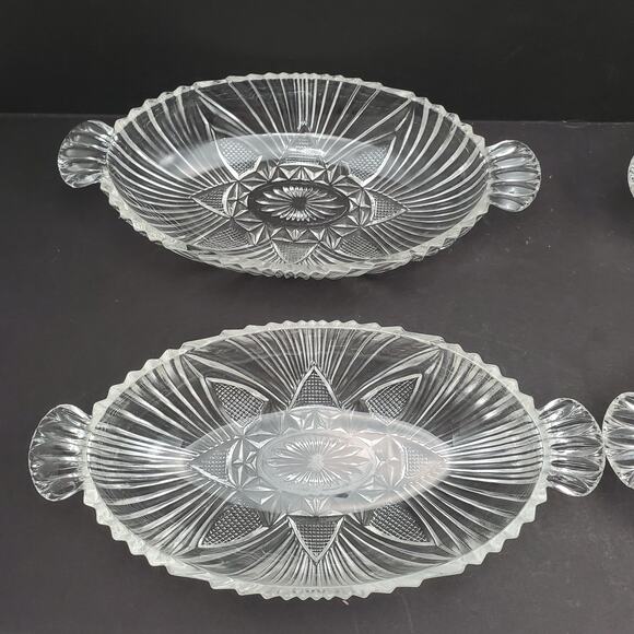Lot of 4 Hazel Atlas Glass Clear Olive Dish Oval Fan Triangle Tab Handle - Picture 10 of 16